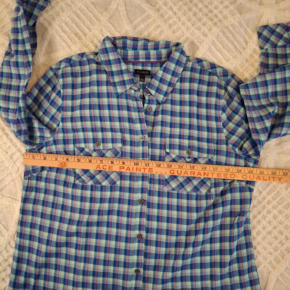 Talbots Women's Large Plaid Button Down Shirt Long Sleeve Blue Green Purple NWT - Picture 3 of 7